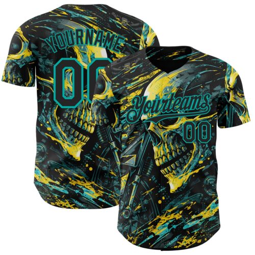 3DPattern15023 Custom Black Yellow-Aqua 3D Pattern Design Motorcycle Motocross Skull Authentic Baseball Jersey