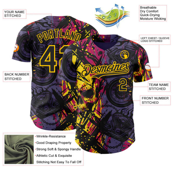 Custom Purple Black Deep Pink-Yellow 3D Pattern Design Motorcycle Motocross Skull Authentic Baseball Jersey