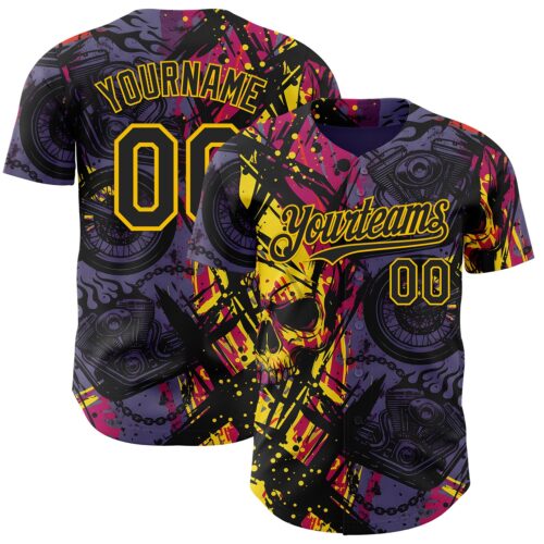 3DPattern15024 Custom Purple Black Deep Pink-Yellow 3D Pattern Design Motorcycle Motocross Skull Authentic Baseball Jersey