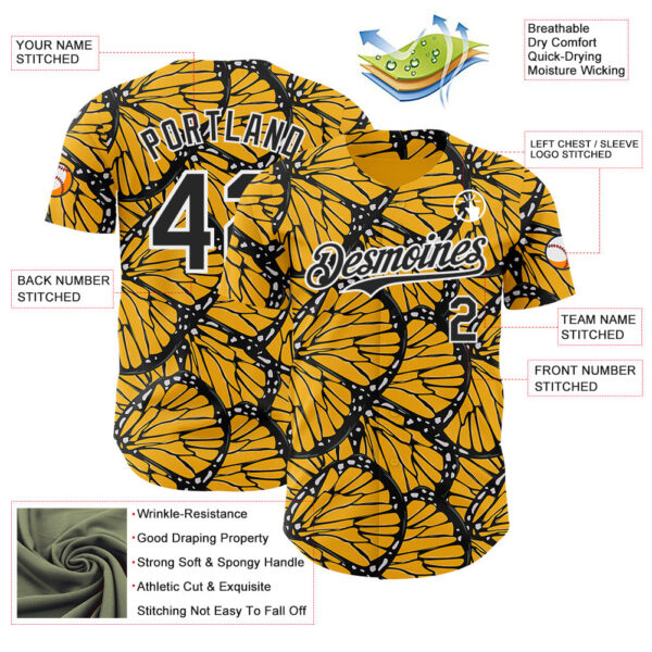 Custom Gold Black-White Butterfly Wing Authentic Baseball Jersey