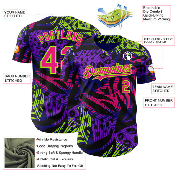 Custom Purple Hot Pink Black-Neon Green Leopard Print Tiger Stripe Leaf Authentic Baseball Jersey