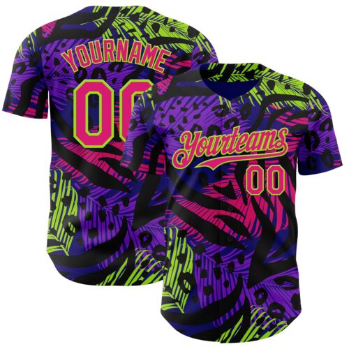 3DPattern15027 Custom Purple Hot Pink Black-Neon Green Leopard Print Tiger Stripe Leaf Authentic Baseball Jersey