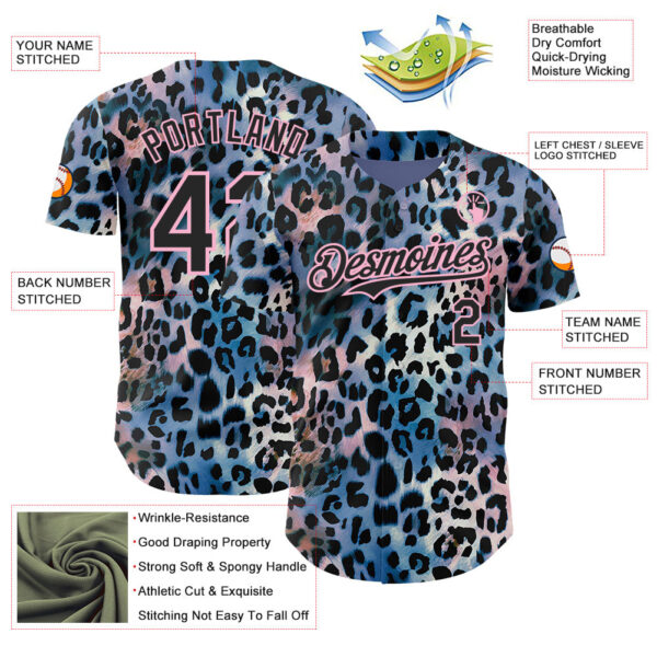 Custom Blue Black-Light Pink Leopard Print Authentic Baseball Jersey