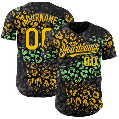 3DPattern15034 Custom Black Yellow-Green Leopard Print Authentic Baseball Jersey
