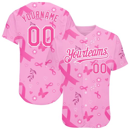 3DPattern1504 Custom Pink White 3D Pink Ribbon Breast Cancer Awareness Month Women Health Care Support Authentic Baseball Jersey