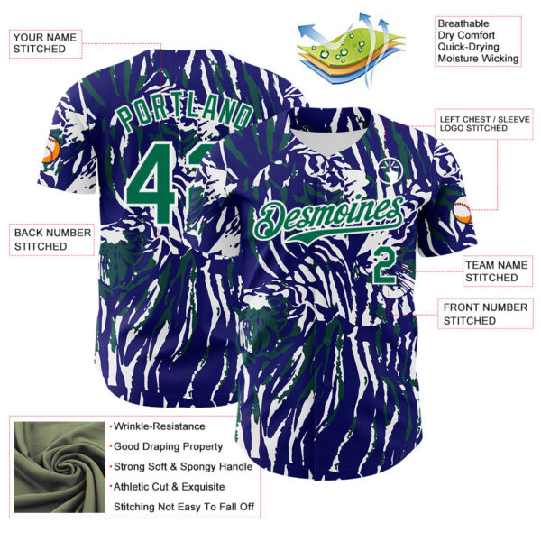 Custom Blue Kelly Green-White Tiger Stripe Print Authentic Baseball Jersey