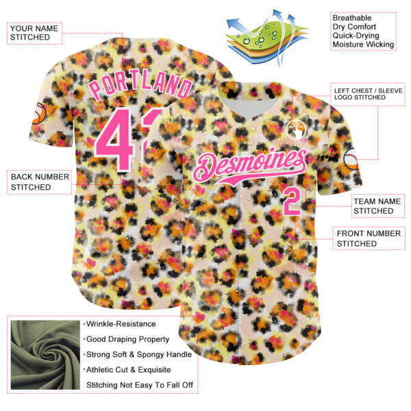 Custom Cream Pink-White Leopard Print Authentic Baseball Jersey