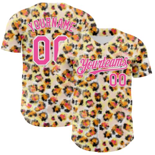 3DPattern15042 Custom Cream Pink-White Leopard Print Authentic Baseball Jersey