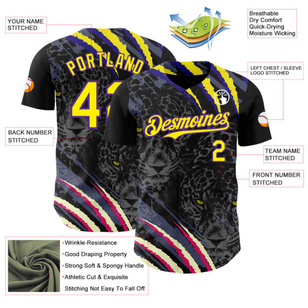 Custom Black Light Yellow-Purple Leopard Print Scratch Authentic Baseball Jersey