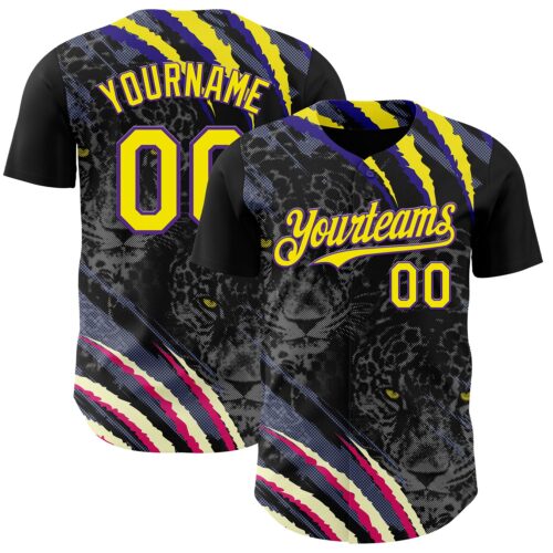 3DPattern15044 Custom Black Light Yellow-Purple Leopard Print Scratch Authentic Baseball Jersey