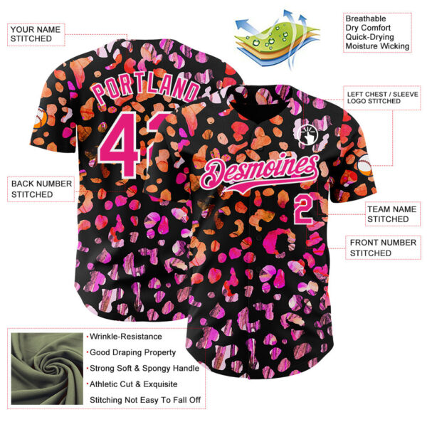 Custom Black Hot Pink-White Leopard Print Authentic Baseball Jersey