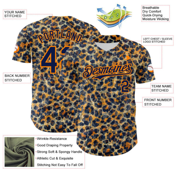 Custom Blue Navy-Bay Orange Leopard Print Authentic Baseball Jersey