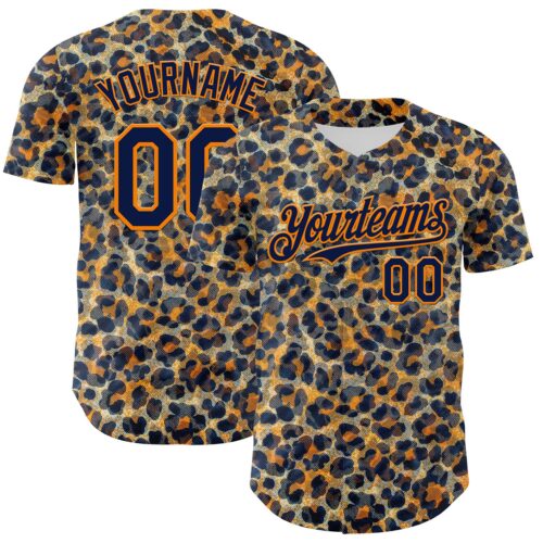 3DPattern15047 Custom Blue Navy-Bay Orange Leopard Print Authentic Baseball Jersey