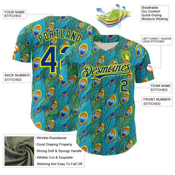 Custom Blue Royal Green-Light Yellow Peacock Feather Print Authentic Baseball Jersey