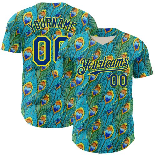3DPattern15054 Custom Blue Royal Green-Light Yellow Peacock Feather Print Authentic Baseball Jersey