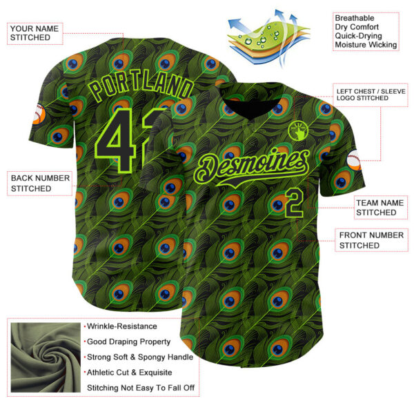 Custom Black-Neon Green Peacock Feather Print Authentic Baseball Jersey