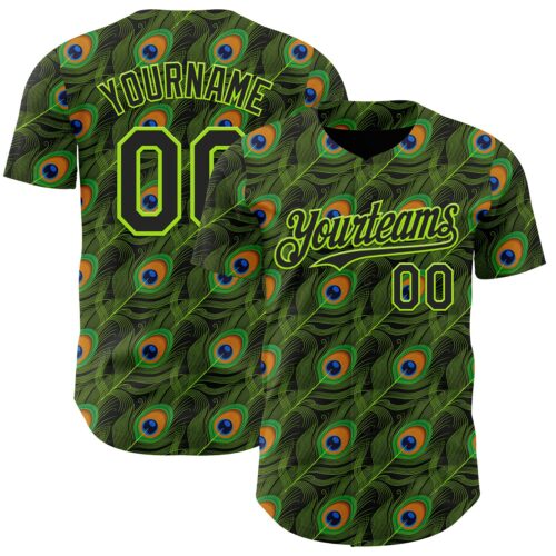 3DPattern15055 Custom Black-Neon Green Peacock Feather Print Authentic Baseball Jersey