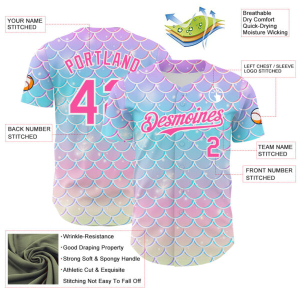 Custom Purple Pink Blue-White Mermaid Skin Authentic Baseball Jersey