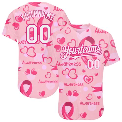 3DPattern1509 Custom Pink White-Hot Pink 3D Pink Ribbon Breast Cancer Awareness Month Women Health Care Support Authentic Baseball Jersey
