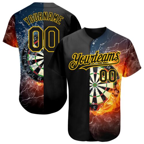 3DPattern1522_c1298e8e-1f58-4637-b1f2-a085c0f6cf18 Custom Black Gold 3D Pattern Design Flame Dart Board Authentic Baseball Jersey