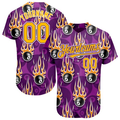 3DPattern1546 Custom Purple Gold-White 3D Pattern Design Billiards Snooker 8 Ball With Hotrod Flame Authentic Baseball Jersey