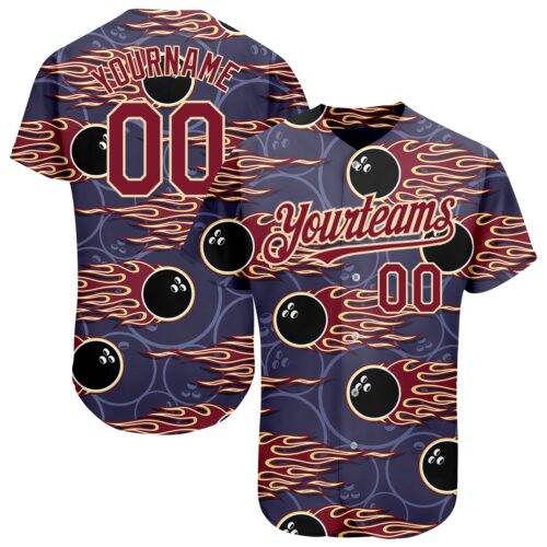 3DPattern1547 Custom Purple Crimson-City Cream 3D Pattern Design Bowling Ball With Hotrod Flame Authentic Baseball Jersey