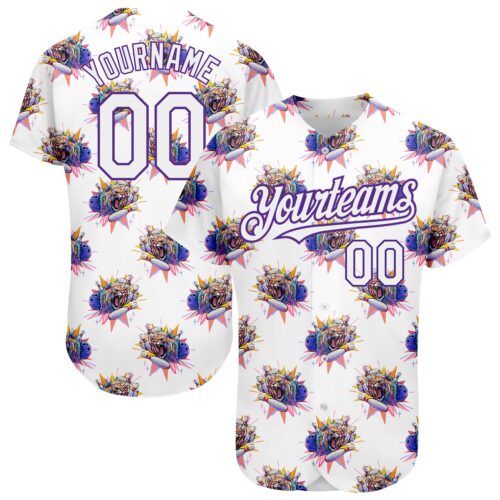 3DPattern1557 Custom White Purple 3D Pattern Design Growling Lion Among The Bowling Authentic Baseball Jersey