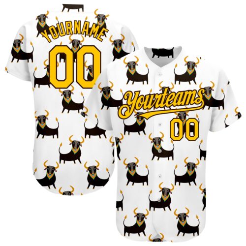 3DPattern1566 Custom White Yellow-Brown 3D Pattern Design Ox Authentic Baseball Jersey