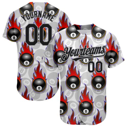 3DPattern1655 Custom White Black-Gray 3D Pattern Design Flaming Billiards Snooker 8 Ball Authentic Baseball Jersey