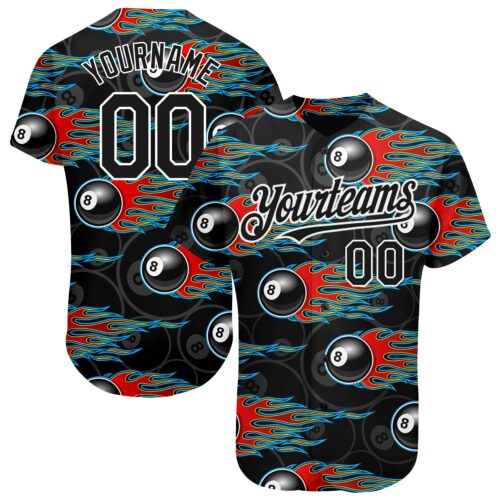 3DPattern1658 Custom Black White 3D Pattern Design Flaming Billiards Snooker 8 Ball Authentic Baseball Jersey