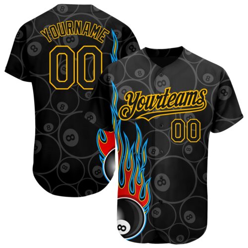 3DPattern1660 Custom Black Gold 3D Pattern Design Flaming Billiards Snooker 8 Ball Authentic Baseball Jersey