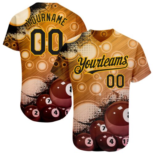 3DPattern1672_414738a0-5156-4a9a-b0c1-8743f4600181 Custom Gold Black 3D Pattern Design Billiards Authentic Baseball Jersey