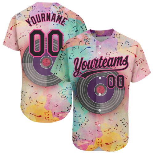 3DPattern1960 Custom Pink Black 3D Pattern Design Music Festival Watercolor Colored Musical Notes Authentic Baseball Jersey