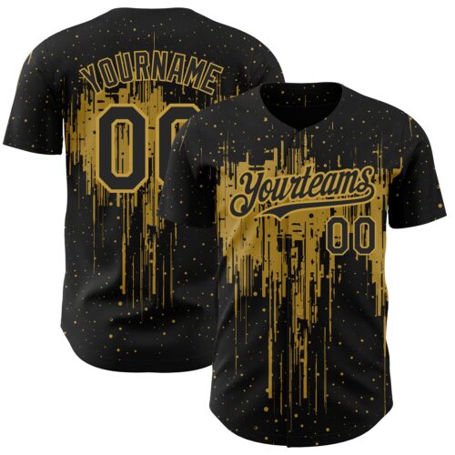 3DPattern2132 Custom Black Old Gold 3D Pattern Design Dripping Splatter Art Authentic Baseball Jersey