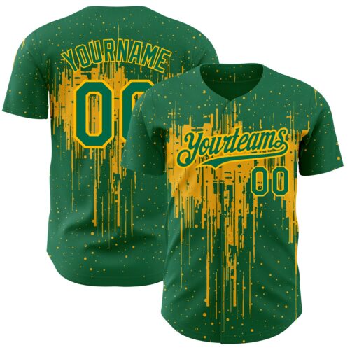 3DPattern2161 Custom Kelly Green Gold 3D Pattern Design Dripping Splatter Art Authentic Baseball Jersey