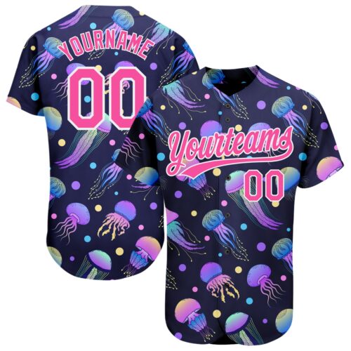 3DPattern2348 Custom Navy Pink-White 3D Pattern Design Colorful Cartoon Jellyfish Authentic Baseball Jersey