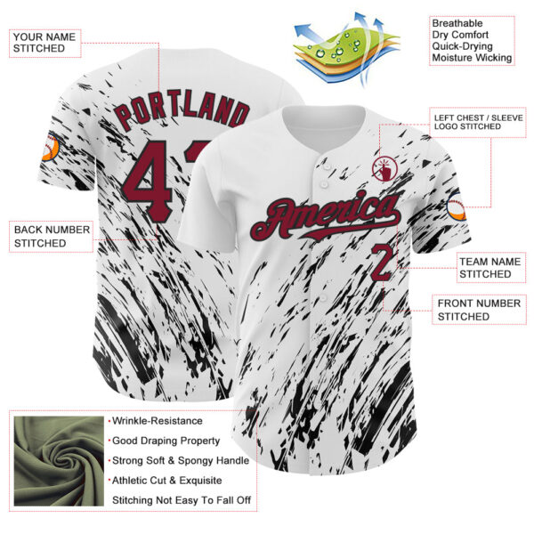 Custom White Crimson-Black 3D Pattern Design Abstract Splash Authentic Baseball Jersey