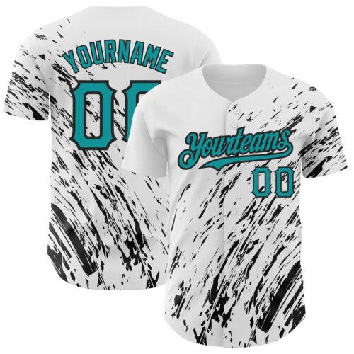 3DPattern2494 Custom White Teal-Black 3D Pattern Design Abstract Splash Authentic Baseball Jersey
