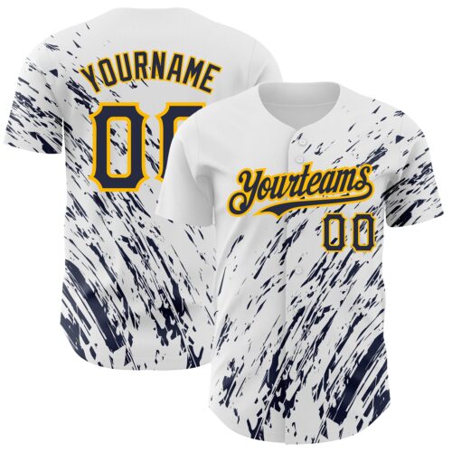 3DPattern2508 Custom White Navy-Gold 3D Pattern Design Abstract Splash Authentic Baseball Jersey