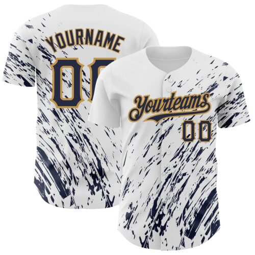 3DPattern2512 Custom White Navy-Old Gold 3D Pattern Design Abstract Splash Authentic Baseball Jersey