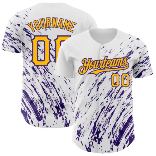 3DPattern2516 Custom White Gold-Purple 3D Pattern Design Abstract Splash Authentic Baseball Jersey