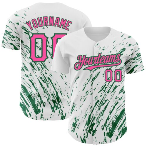 3DPattern2523 Custom White Pink-Kelly Green 3D Pattern Design Abstract Splash Authentic Baseball Jersey