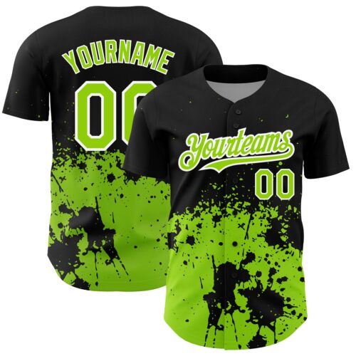 3DPattern2602 Custom Black Neon Green-White 3D Pattern Design Abstract Splash Grunge Art Authentic Baseball Jersey