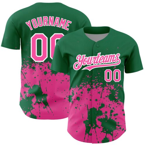 3DPattern2610 Custom Kelly Green Pink-White 3D Pattern Design Abstract Splash Grunge Art Authentic Baseball Jersey