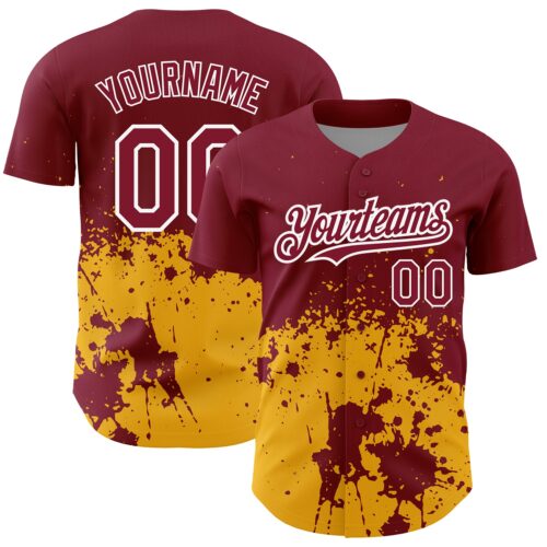3DPattern2612 Custom Crimson Gold-White 3D Pattern Design Abstract Splash Grunge Art Authentic Baseball Jersey