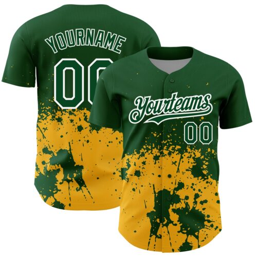 3DPattern2613 Custom Green Gold-White 3D Pattern Design Abstract Splash Grunge Art Authentic Baseball Jersey