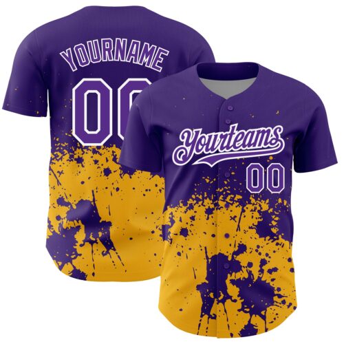 3DPattern2615 Custom Purple Gold-White 3D Pattern Design Abstract Splash Grunge Art Authentic Baseball Jersey