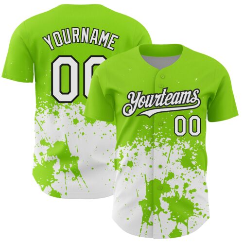3DPattern2623 Custom Neon Green White-Black 3D Pattern Design Abstract Splash Grunge Art Authentic Baseball Jersey