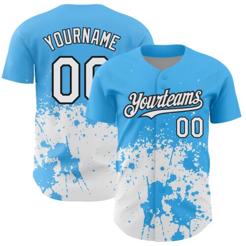3DPattern2626 Custom Sky Blue White-Black 3D Pattern Design Abstract Splash Grunge Art Authentic Baseball Jersey
