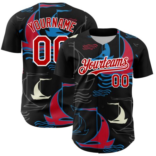 3DPattern2662 Custom Black Red-White 3D Pattern Design Sailing Boats Authentic Baseball Jersey
